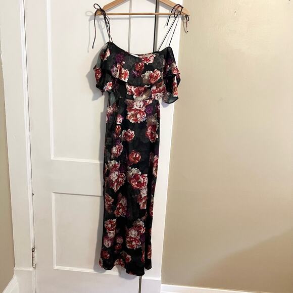 LPA black floral dress silky fall wedding guest holiday party cocktail - Picture 3 of 9